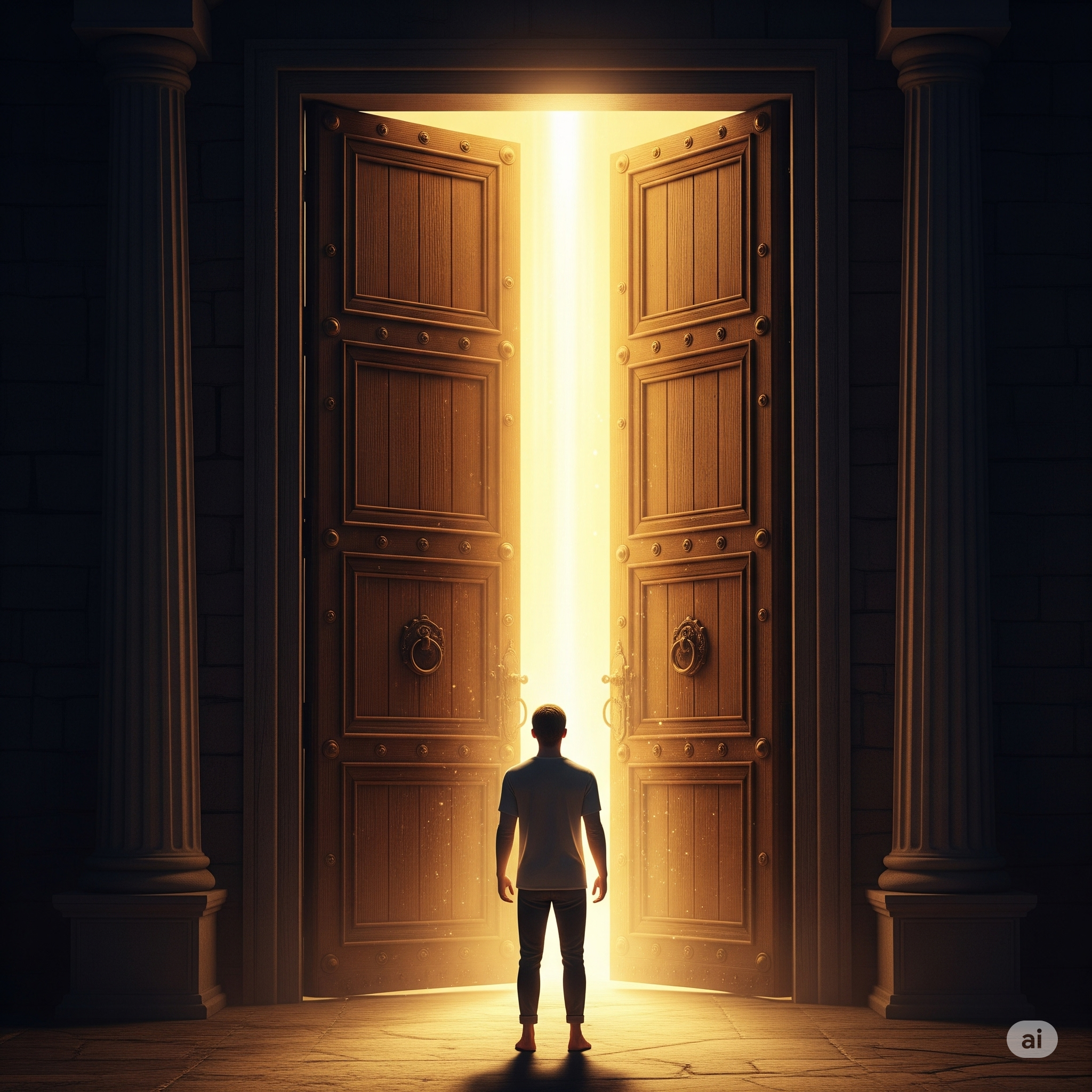 Figura diante de uma porta aberta com luz