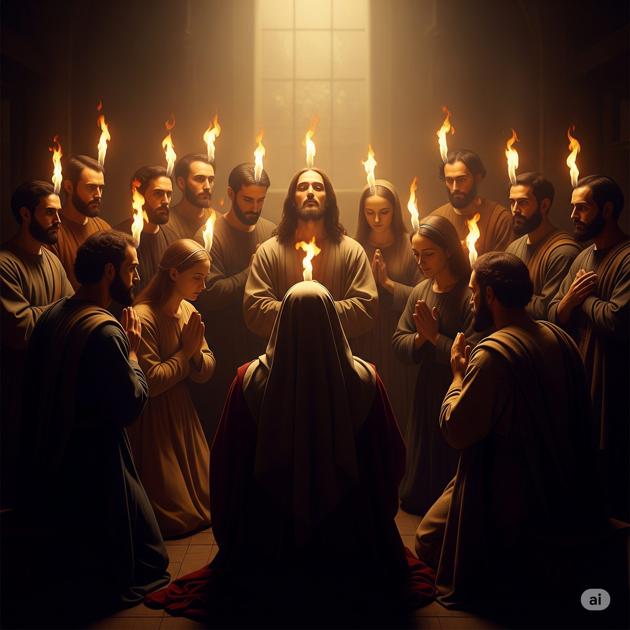 Cena de Pentecostes com línguas de fogo